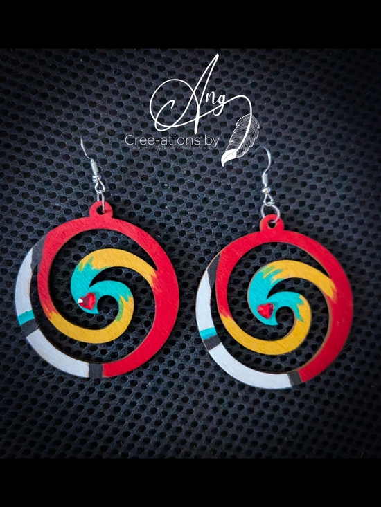 Native American Jewelry - Native American Hand-painted Fire Colors Spiral Wooden Earrings